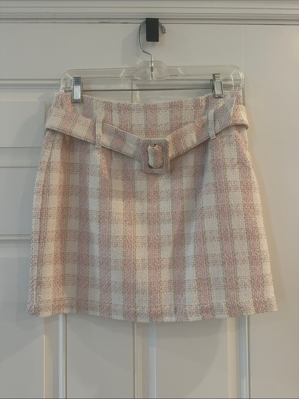 Fate Pink & Cream Plaid Tweed Mini Skirt with Buckle Belt